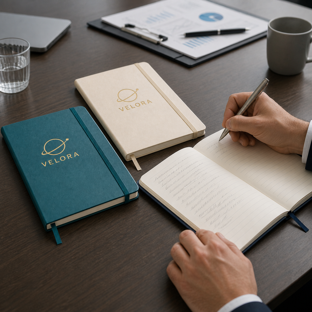 Custom corporate notebooks shown in use during a professional meeting