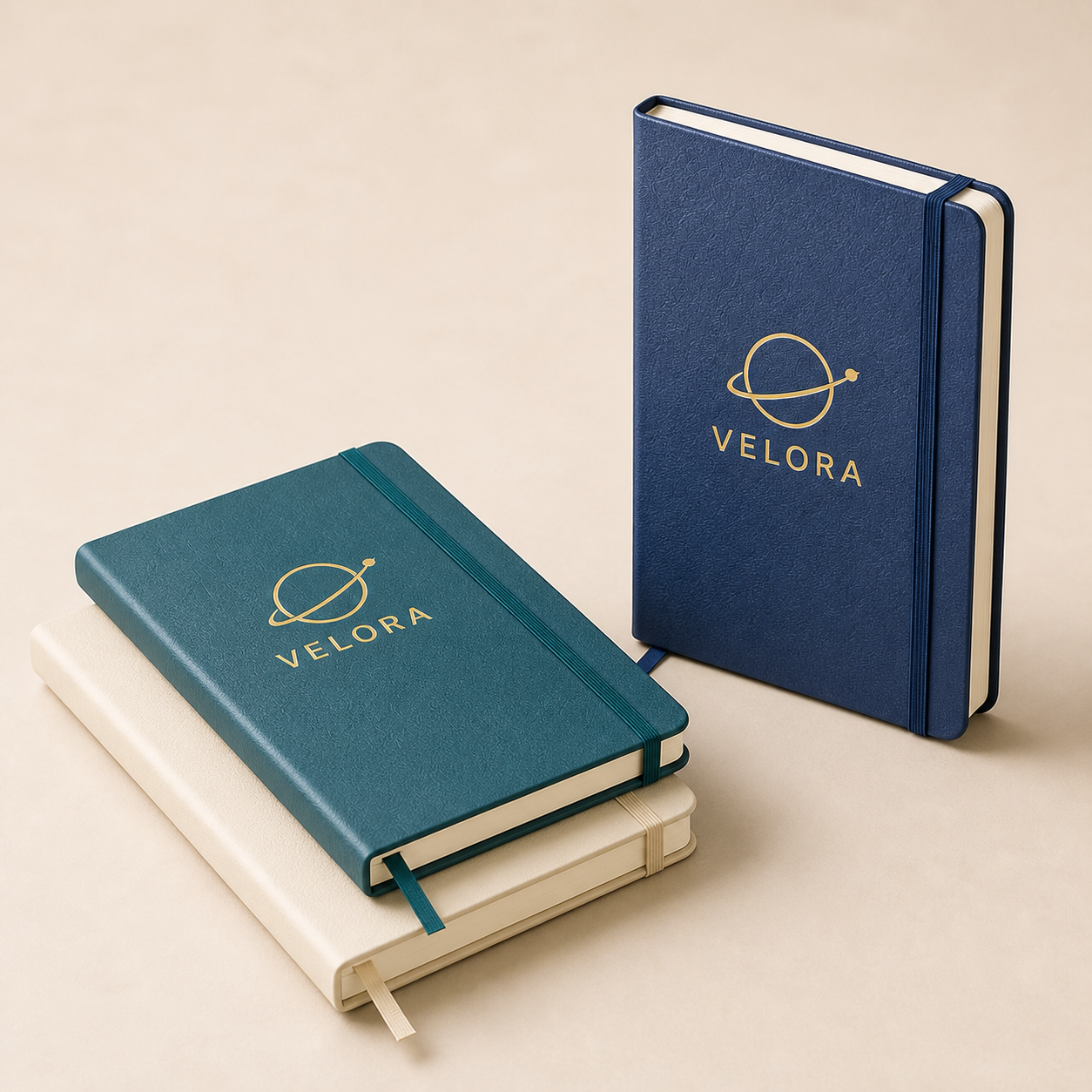 Custom corporate notebooks in cream, teal and navy arranged to show cover, elastic and page details