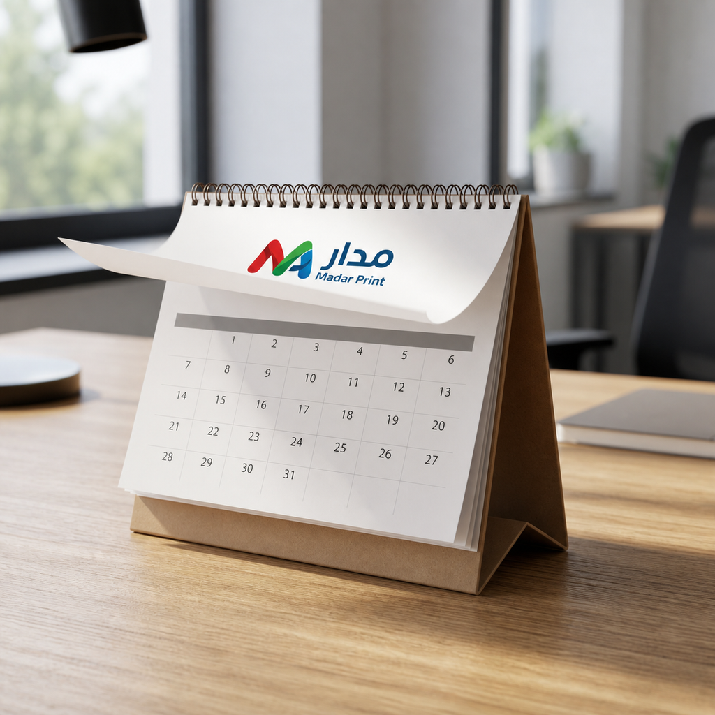 Custom desk calendar shown while a page is being turned