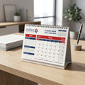 Premium corporate desk calendar معروض على minimalist مكتب خشبي in حديث office setting, emphasizing احترافي علامة تجاريةing.