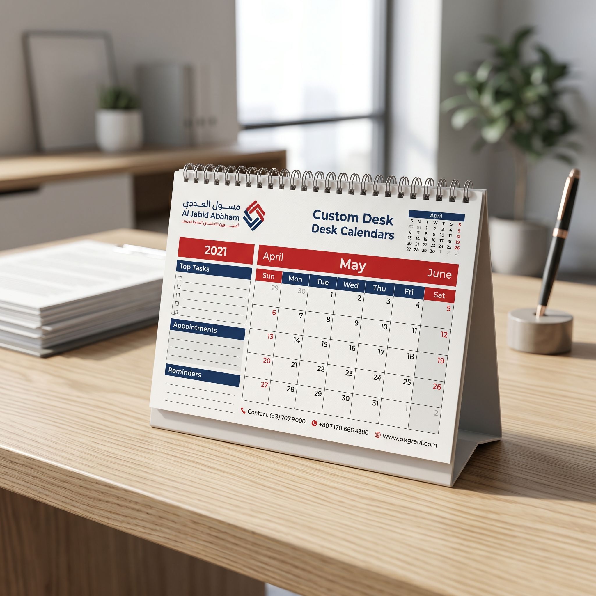 Premium corporate desk calendar معروض على minimalist مكتب خشبي in حديث office setting, emphasizing احترافي علامة تجاريةing.