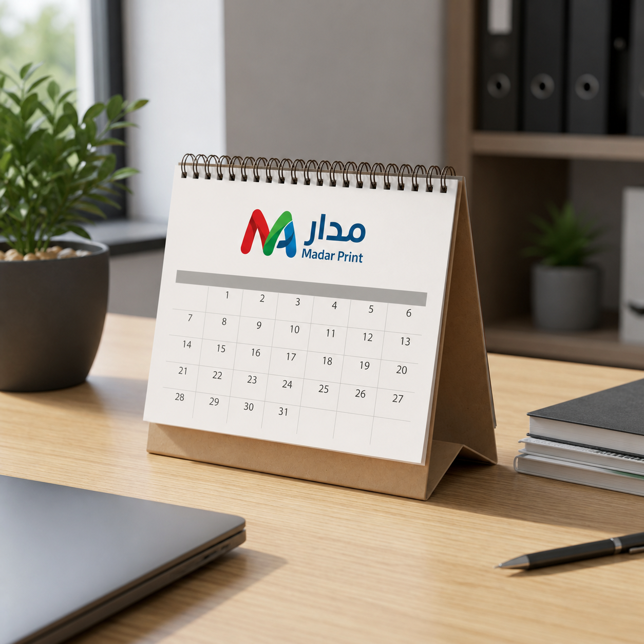 Custom desk calendar shown from a side office angle