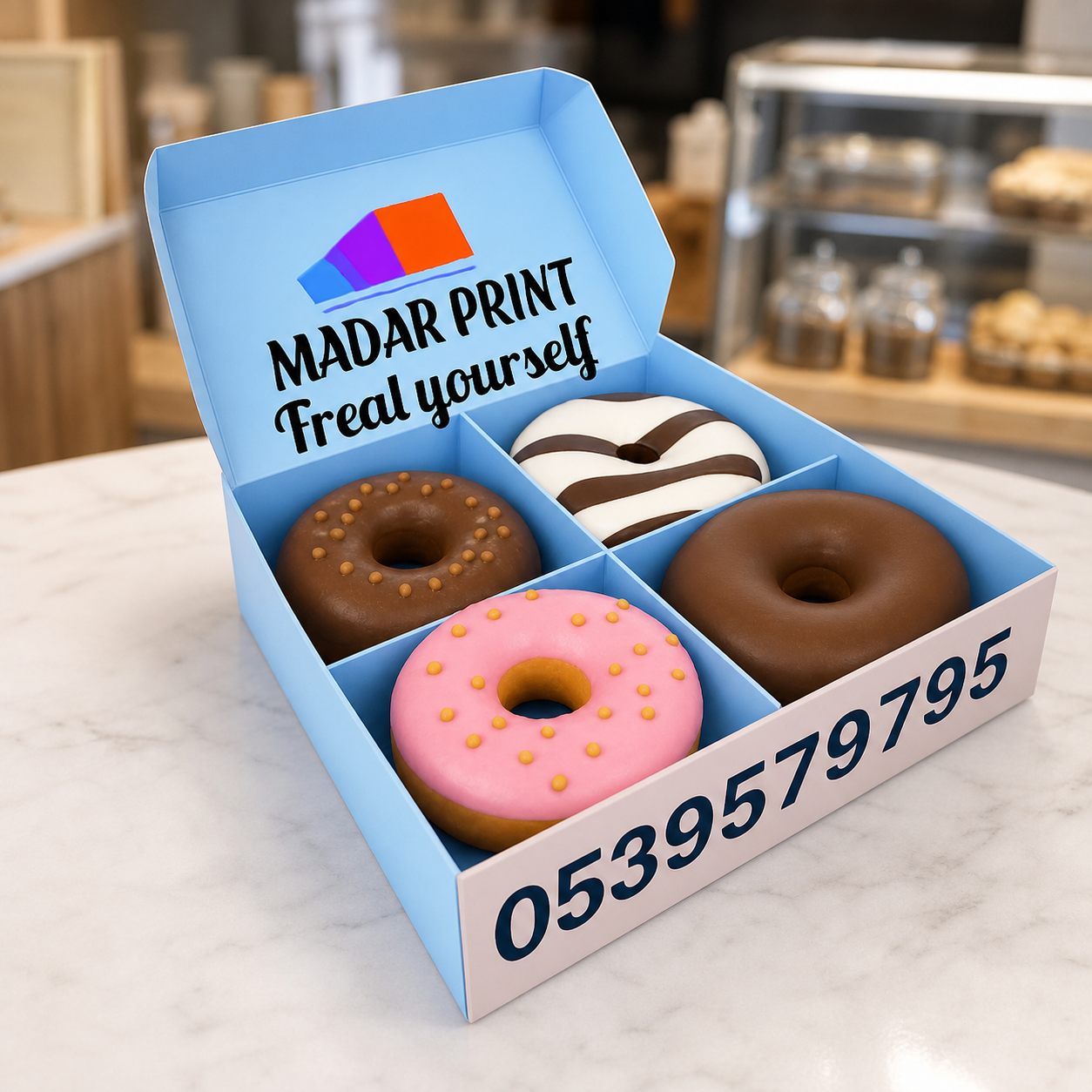 Custom printed donut box open with four assorted donuts on a bakery counter