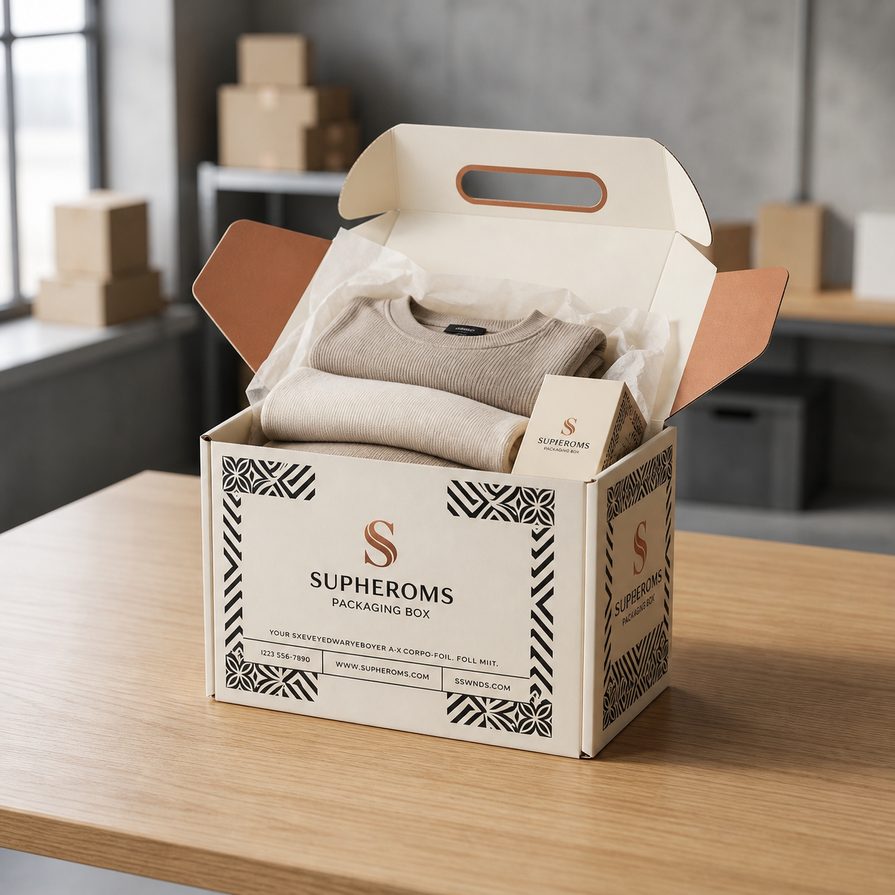 Custom e-commerce packaging box shown open with a sample retail unboxing arrangement
