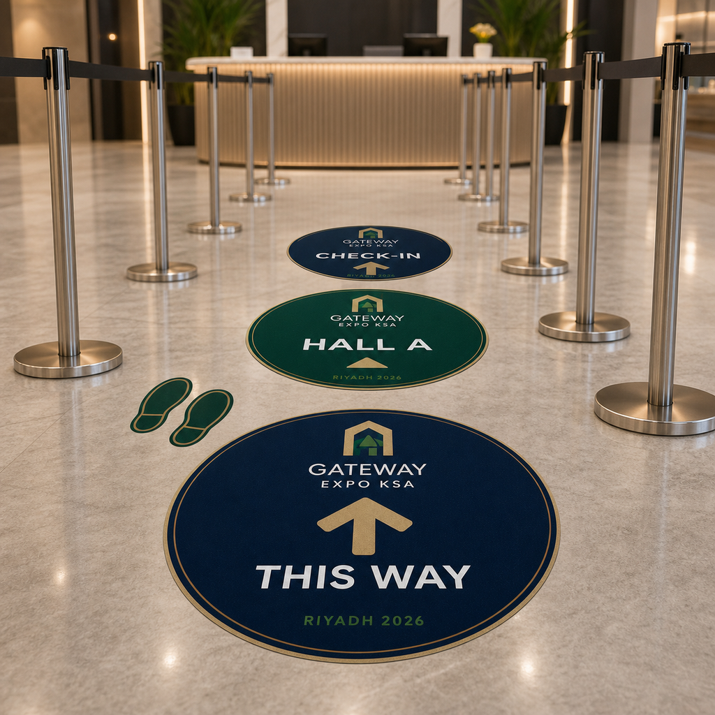 Custom floor directional stickers guiding visitors through an exhibition check-in queue