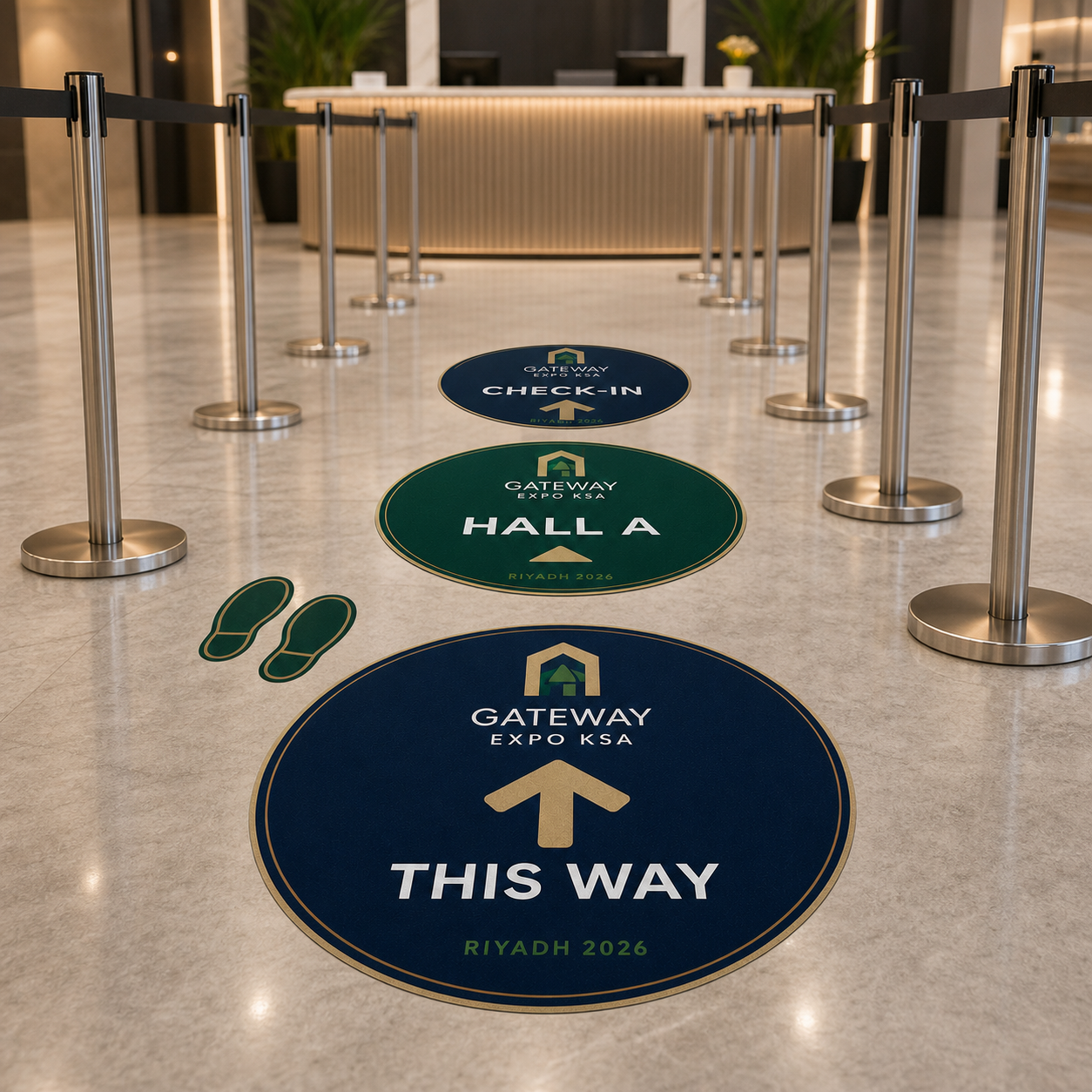 Custom floor directional stickers guiding visitors through an exhibition check-in queue