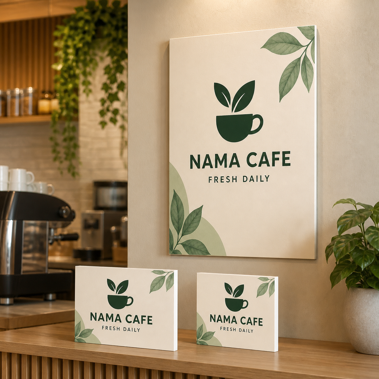 Custom printed foam boards installed as coordinated café wall and counter signage