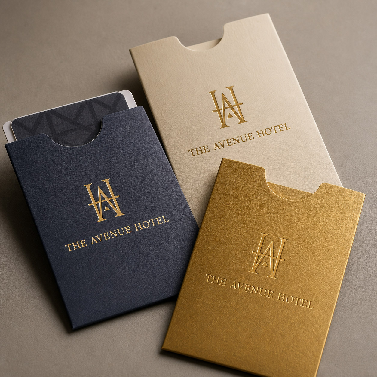 Navy, cream and gold hotel key card sleeves arranged to show paper texture, cutout and foil stamping