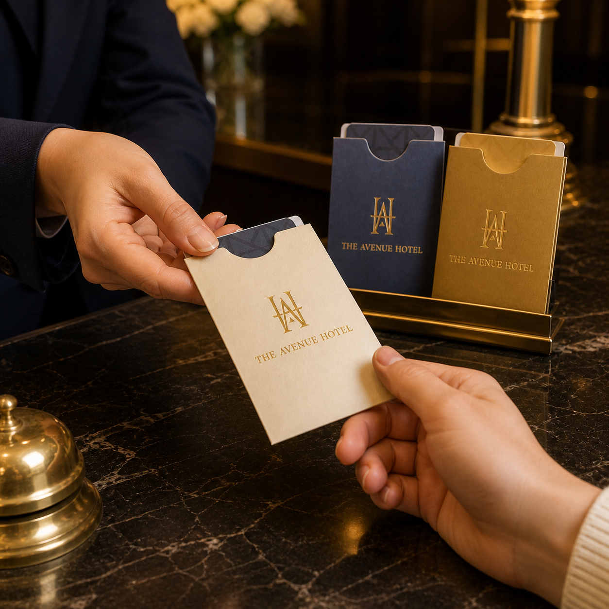 Custom hotel key card sleeve presented to a guest at a luxury reception counter
