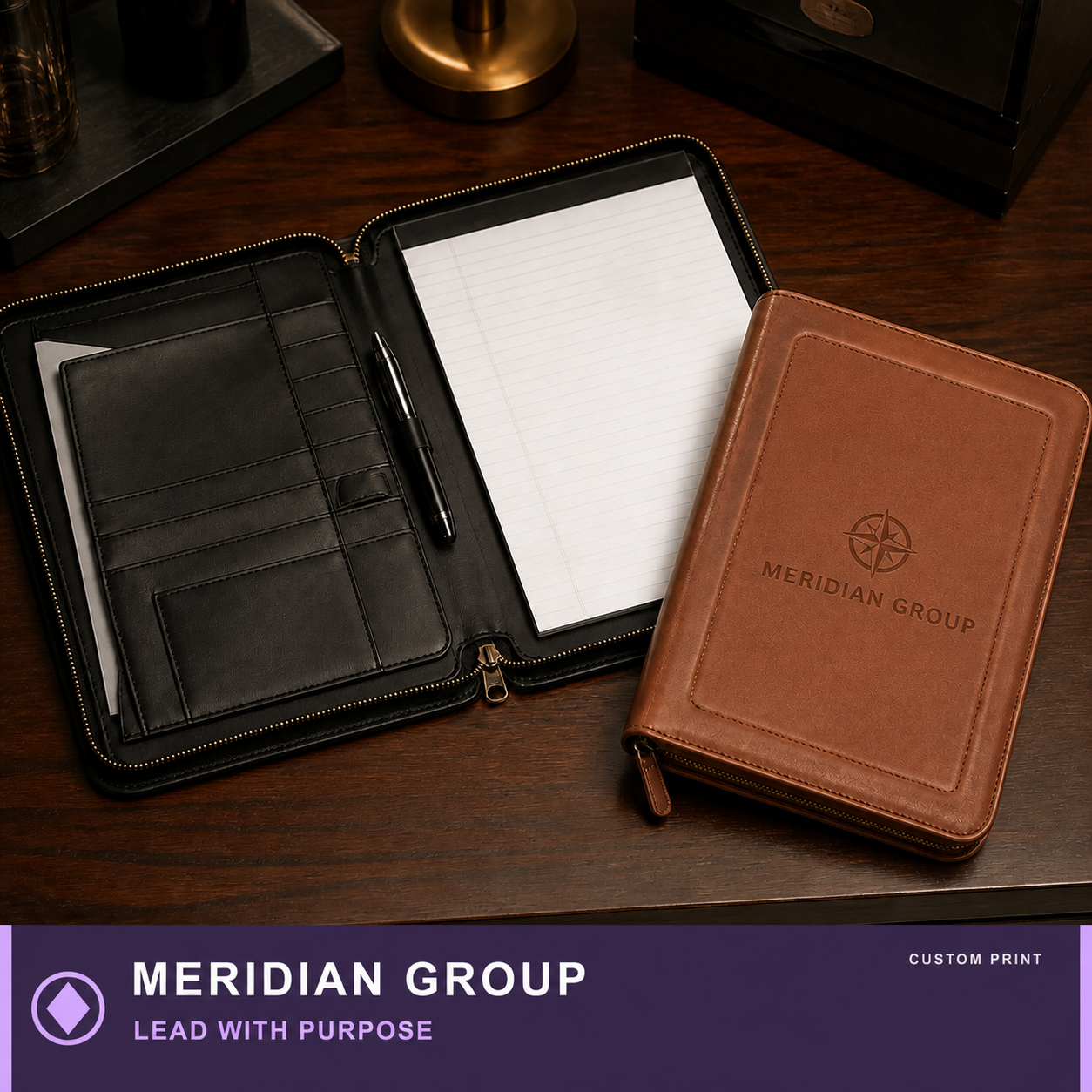MERIDIAN GROUP printed on custom product — LEAD WITH PURPOSE