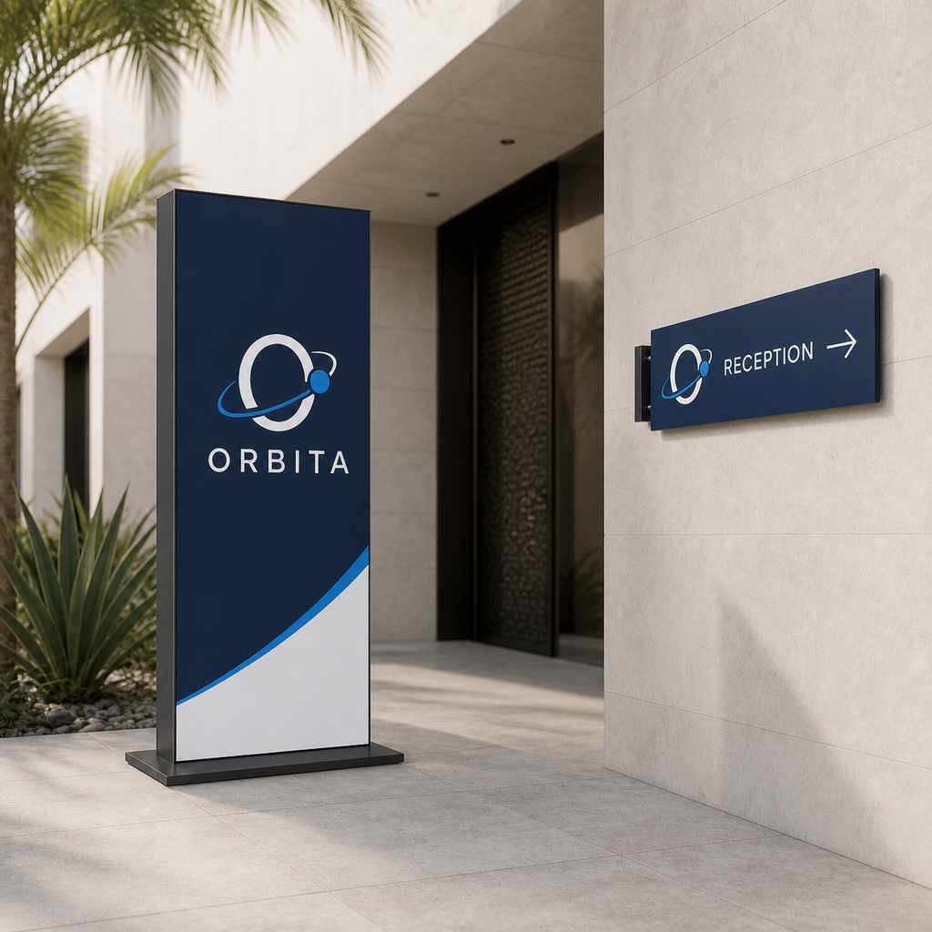 Custom ORBITA freestanding and wall-mounted signage installed at a modern exterior entrance