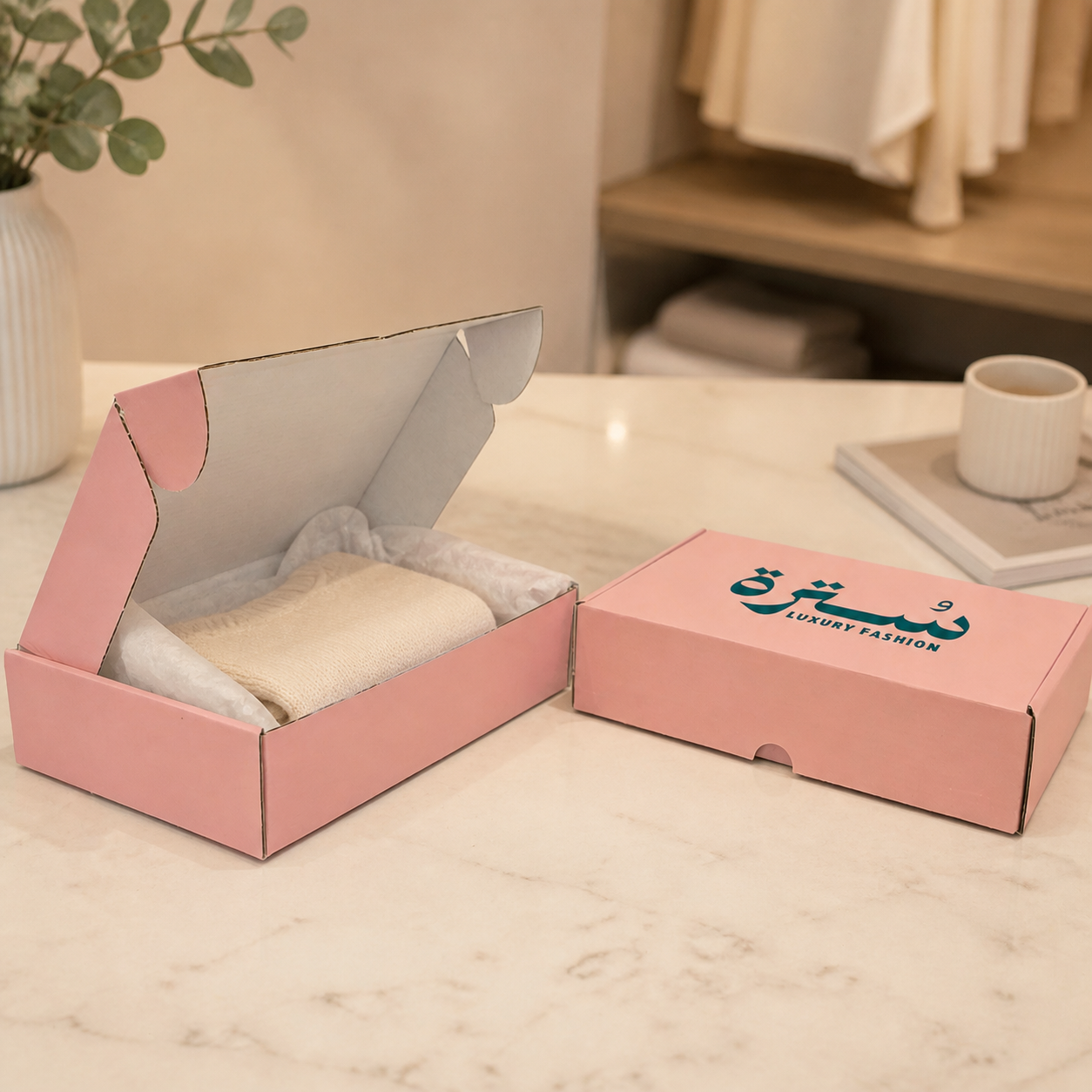 Custom Pink Corrugated Shipping Box 27x18x6.5 cm With 1 color Logo — realistic use view