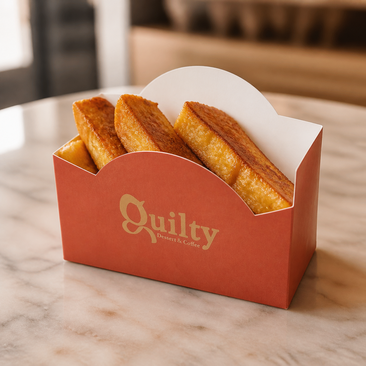 Custom printed paper container filled with French toast sticks for takeaway