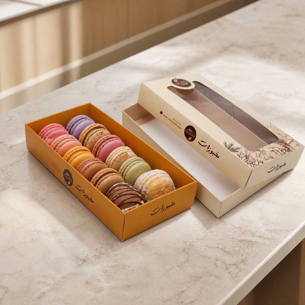 custom printed 2 piece box with clear window,size 24×14×4 CM in realistic use with assorted macarons and pastries