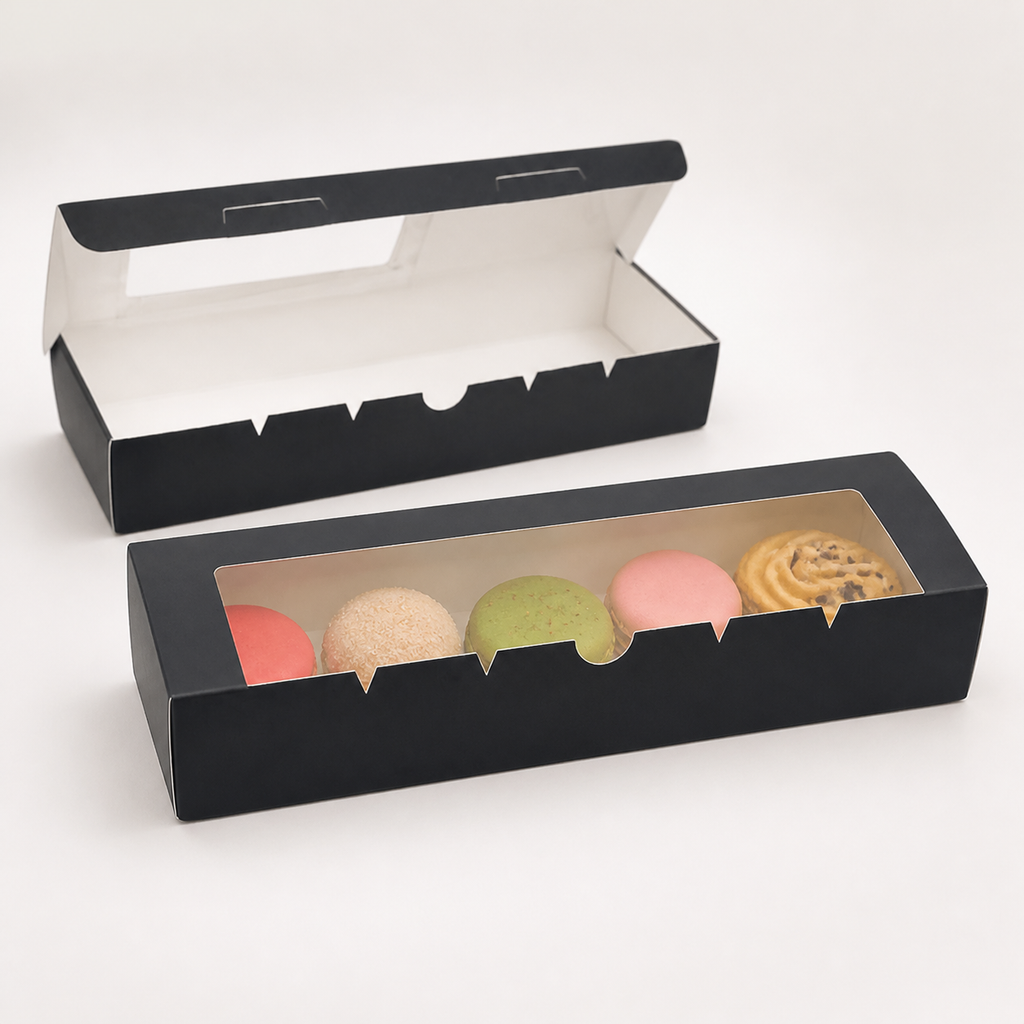 custom printed 27.5×11×5 cm with transparent window for bakery sweets and macarons — closed clear-window studio view