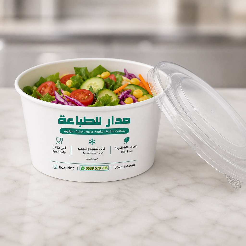 custom printed bowl 32 oz , 14.5 cm bottom 6 cm height with plastic lid, for salad and soup and sweets — realistic use view