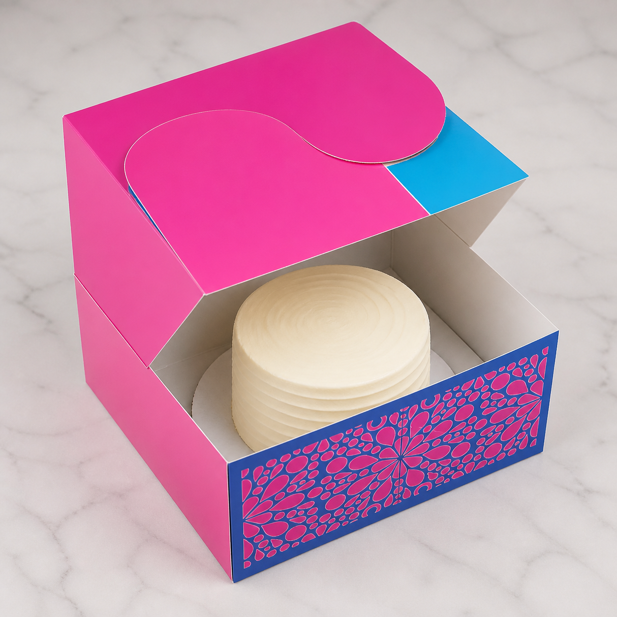 custom printed 27×21×15 cm  cake box — open with cake in realistic use