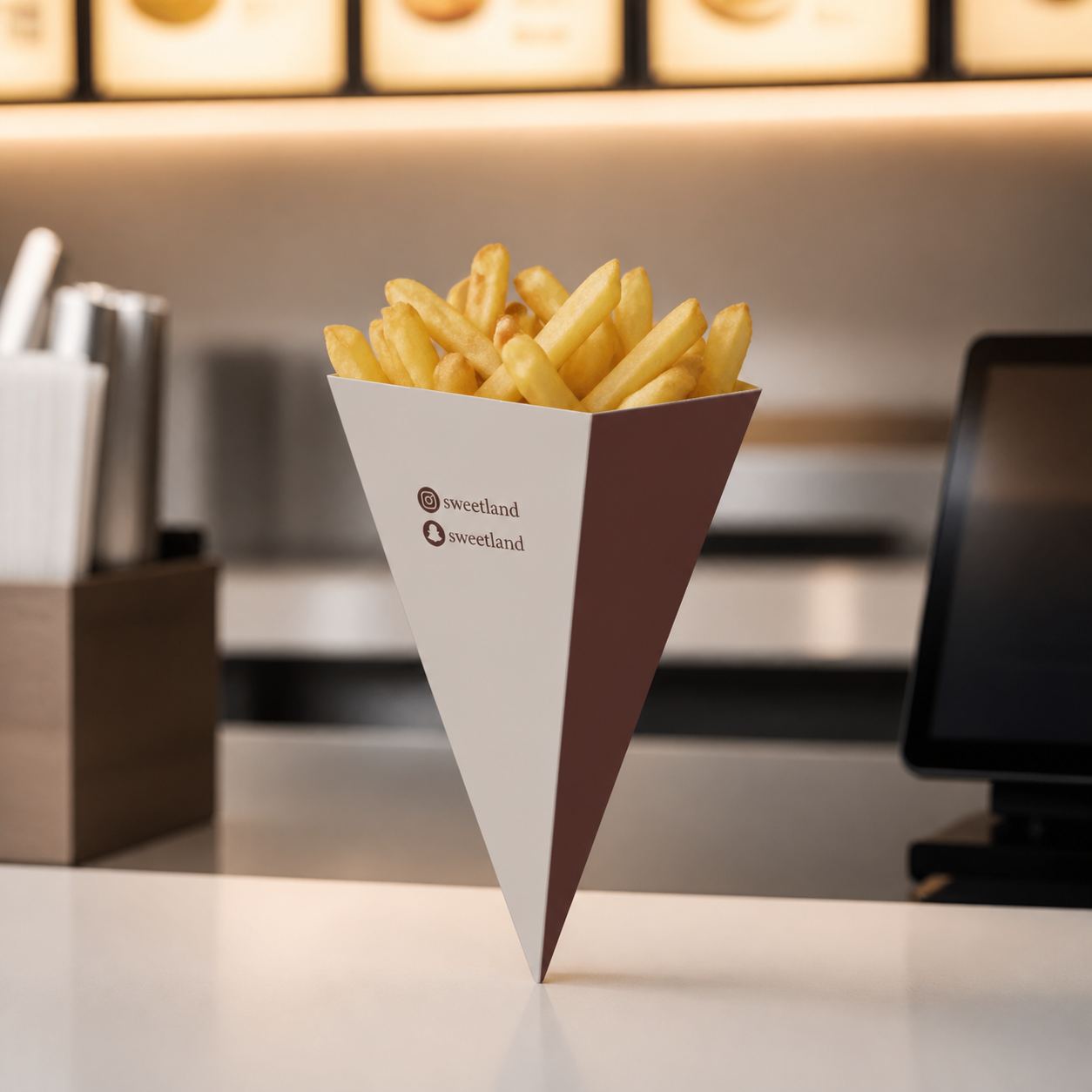 custom printed  cone 20×10 cm paper cone box — filled with French fries in use