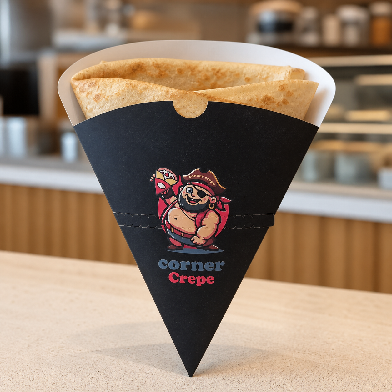 Custom printed crepe cone holder used with a freshly prepared folded crepe
