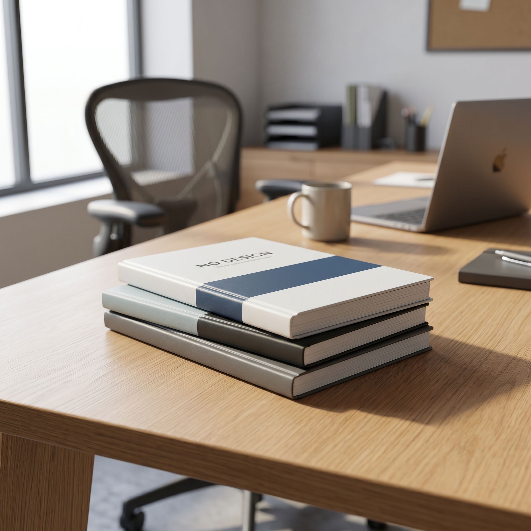 مطبوع حسب الطلب notebooks باقة ترحيبية موضوع على a أنيق مكتب خشبي in a حديث office setting, تُبرز their customization و احترافي look.