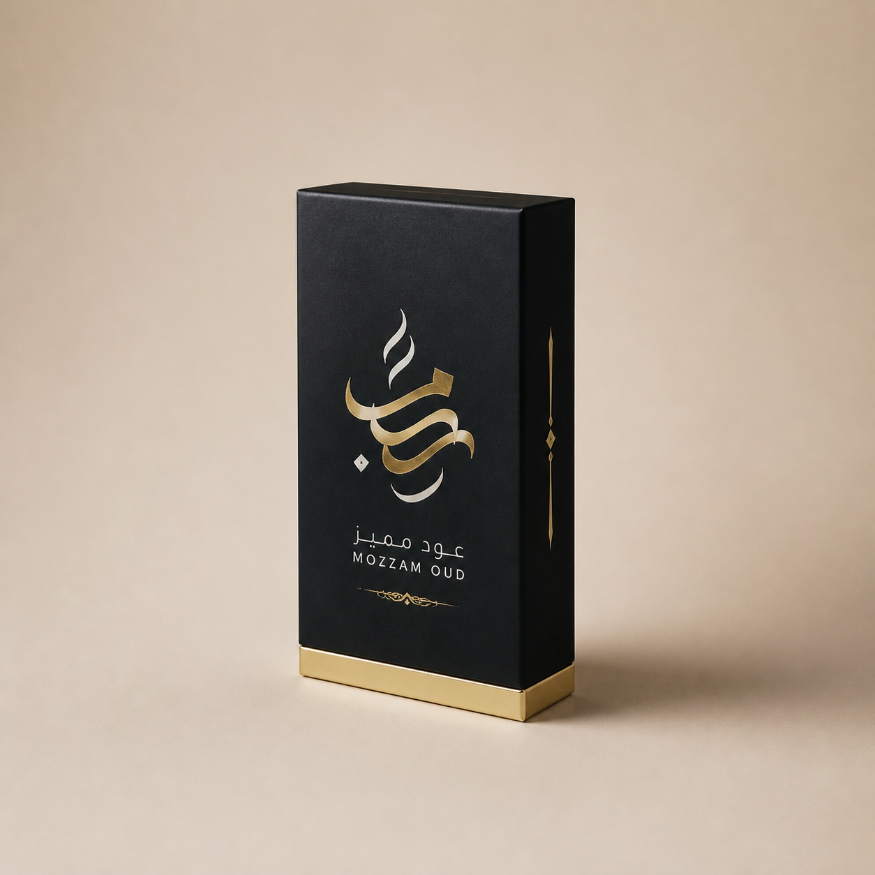 Custom printed oud box shown closed in a studio view