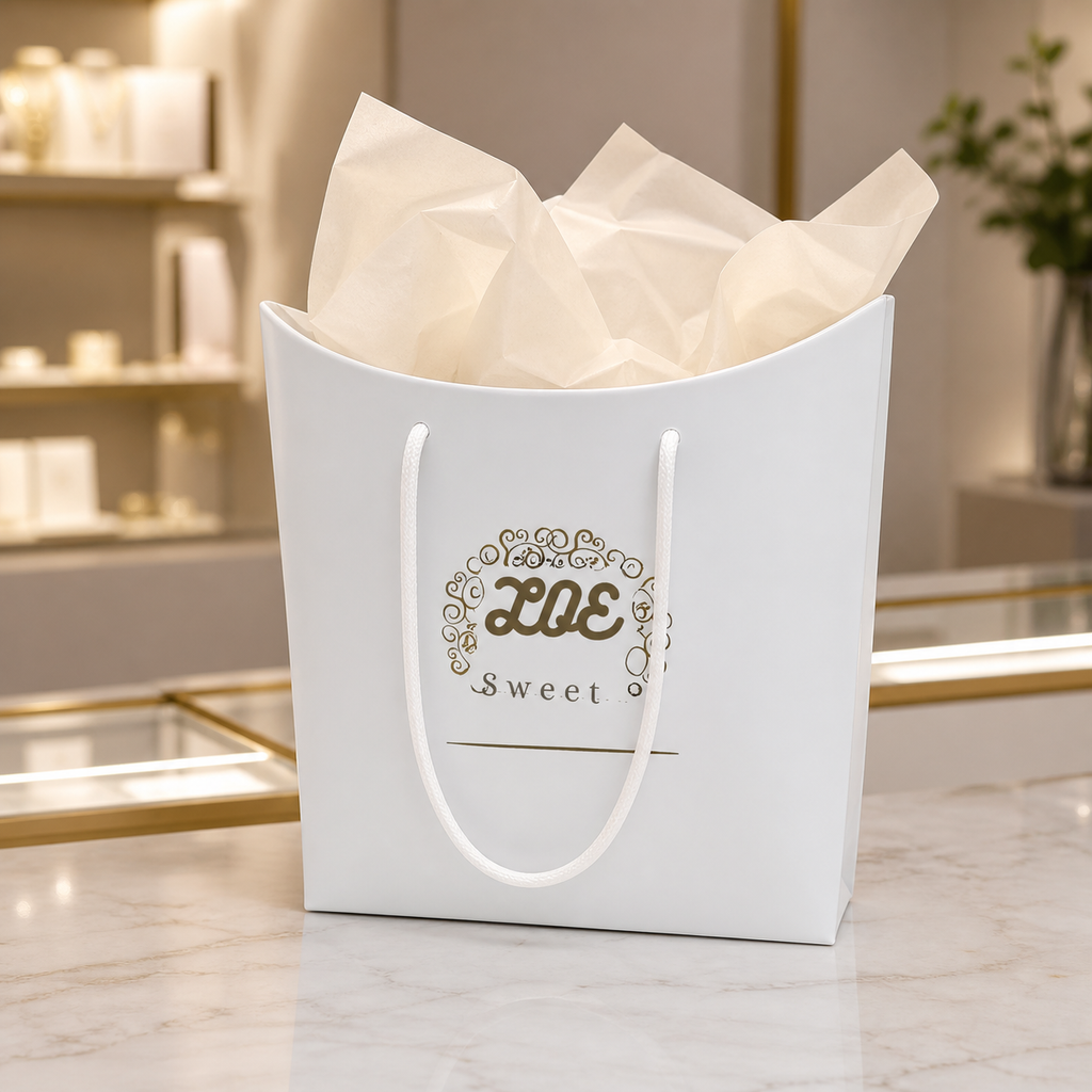 Custom printed paper bag presented with tissue paper on a boutique counter