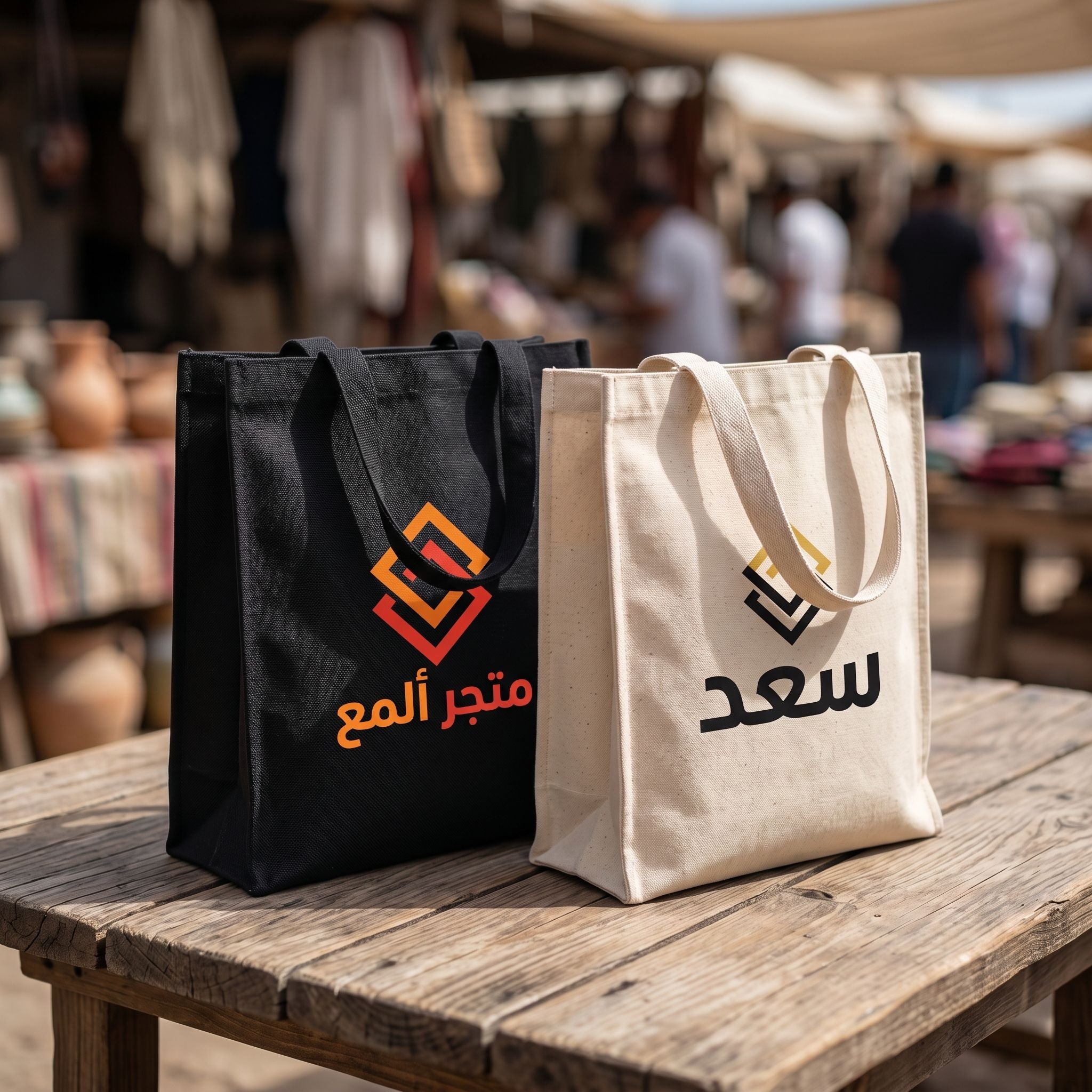 مطبوع حسب الطلب tote كيس موضوع على rustic طاولة خشبية outdoors, تُبرز print details و كيس المتانة.