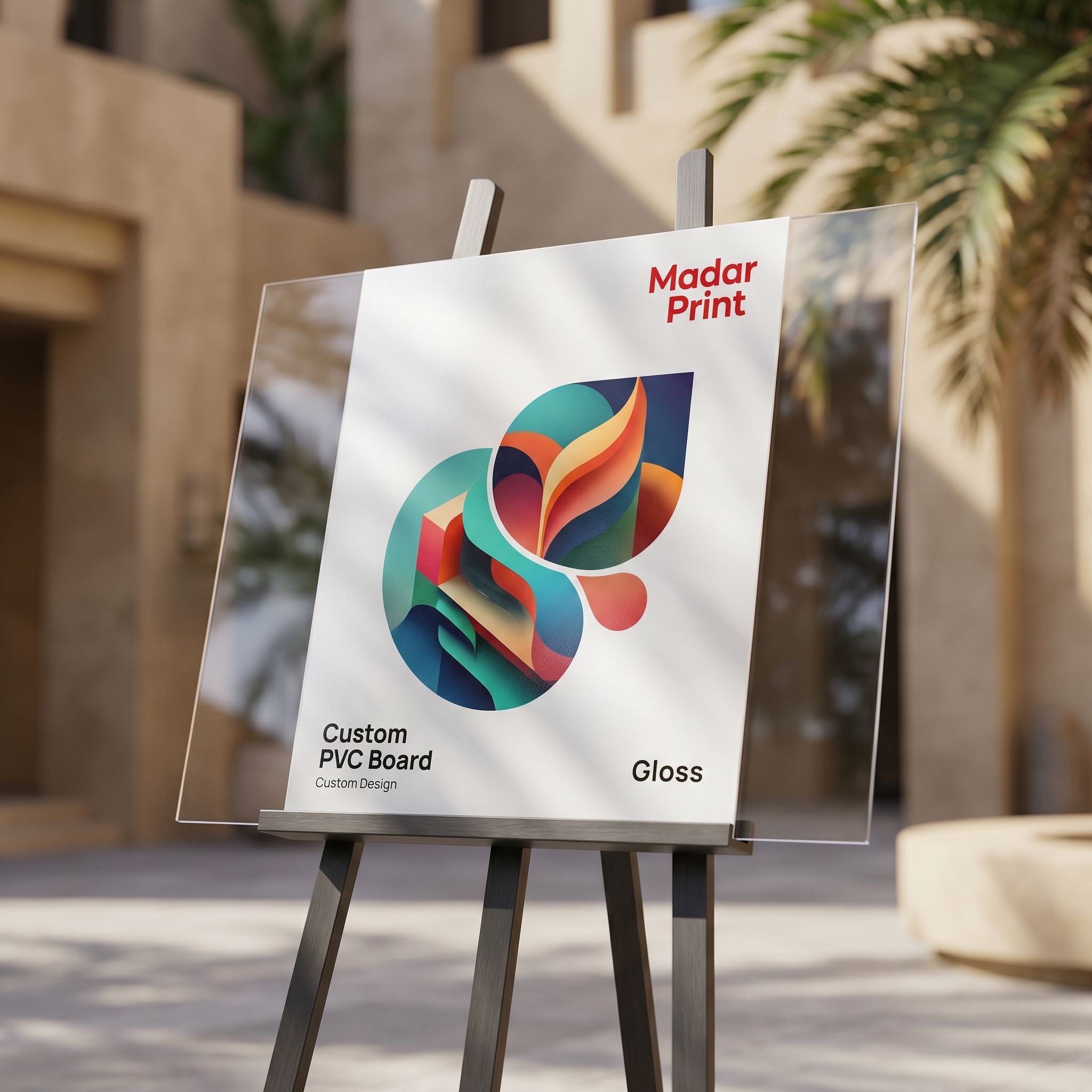 PVC board طباعة مع تشطيب لامع showcased outdoors on a حديث display stو under sunlight, تُبرز its smooth, reflective سطح.