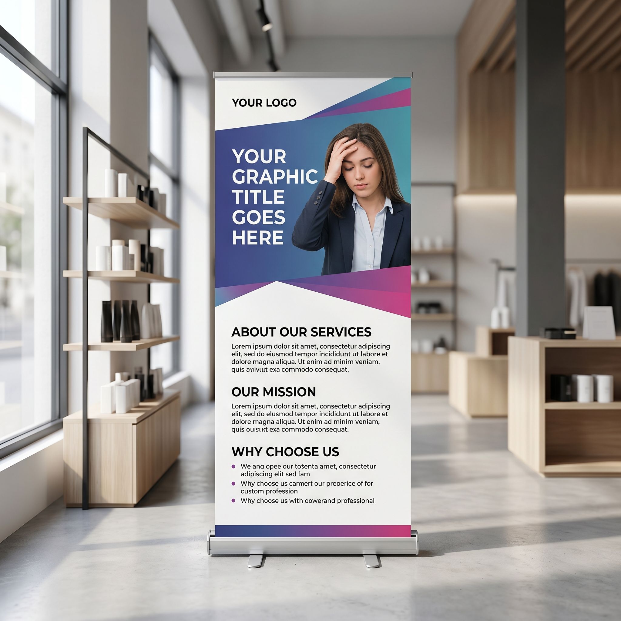 مطفي finish مخصص roll-up stو in حديث retail store يعرض أنيق, احترافي design مع إضاءة ناعمة