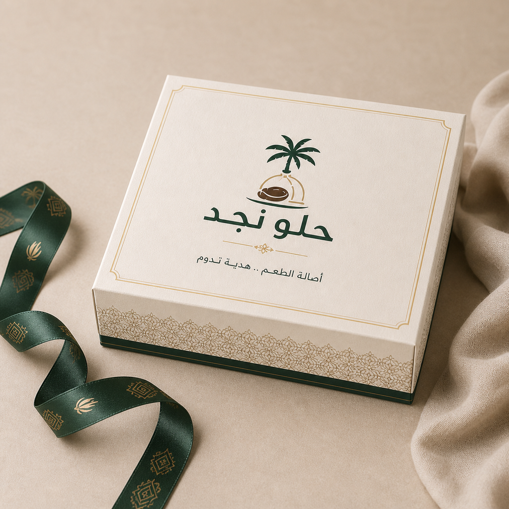 Custom sweets gift box shown closed with printed ribbon