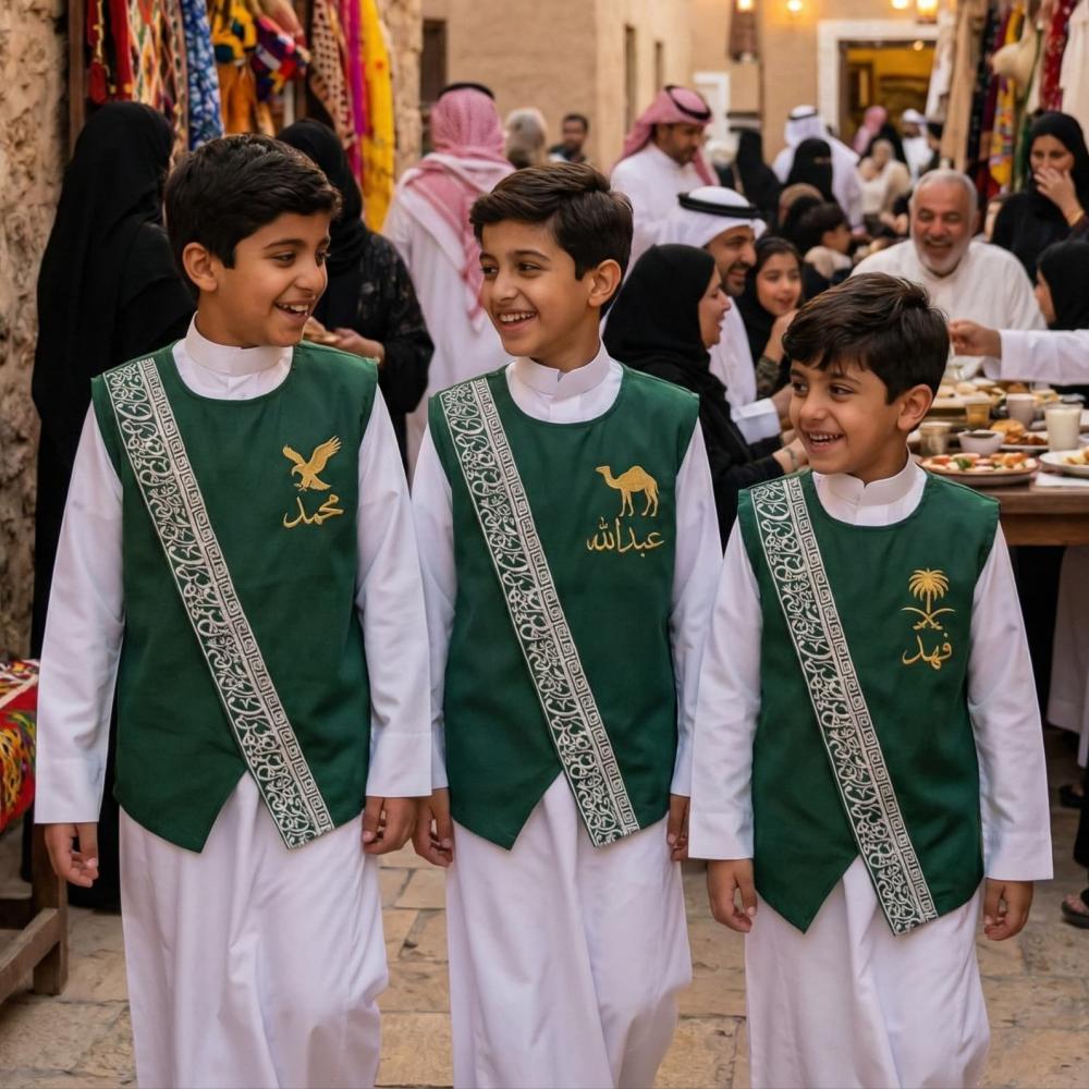 Boys' plain royal green robe with silver and gilded Arabic calligraphy stripe pattern — product image 4