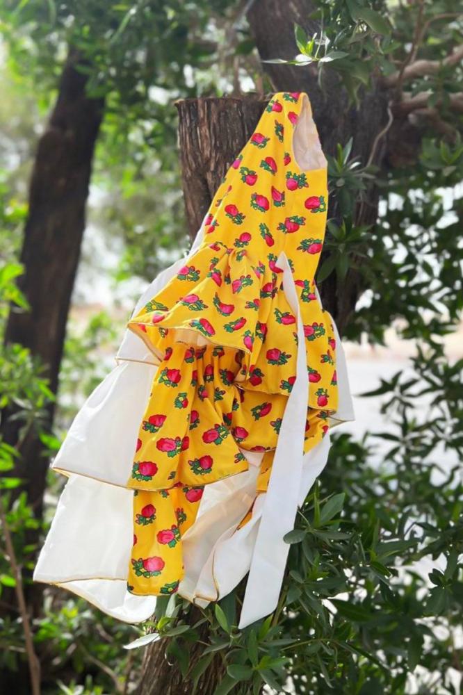 Girls' white and orange shalky dress with an elegant traditional design for Ramadan — product image 7