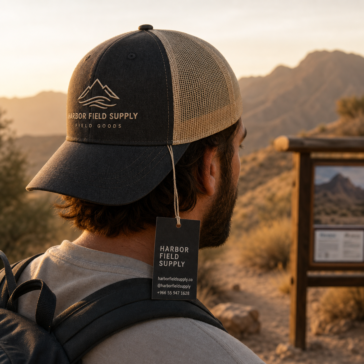 Harbor Field Supply custom embroidered trucker cap in outdoor setting