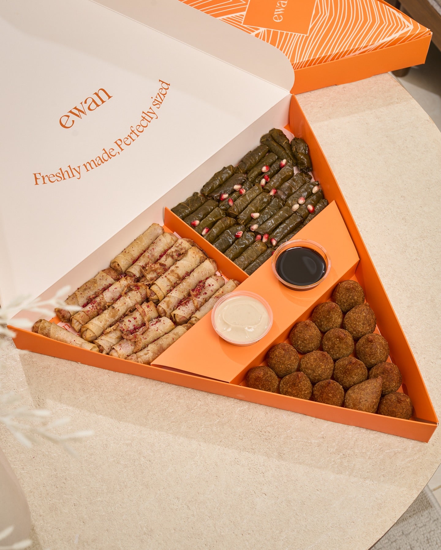 Large catering box reference with triangular food dividers and raised two-cup sauce tray