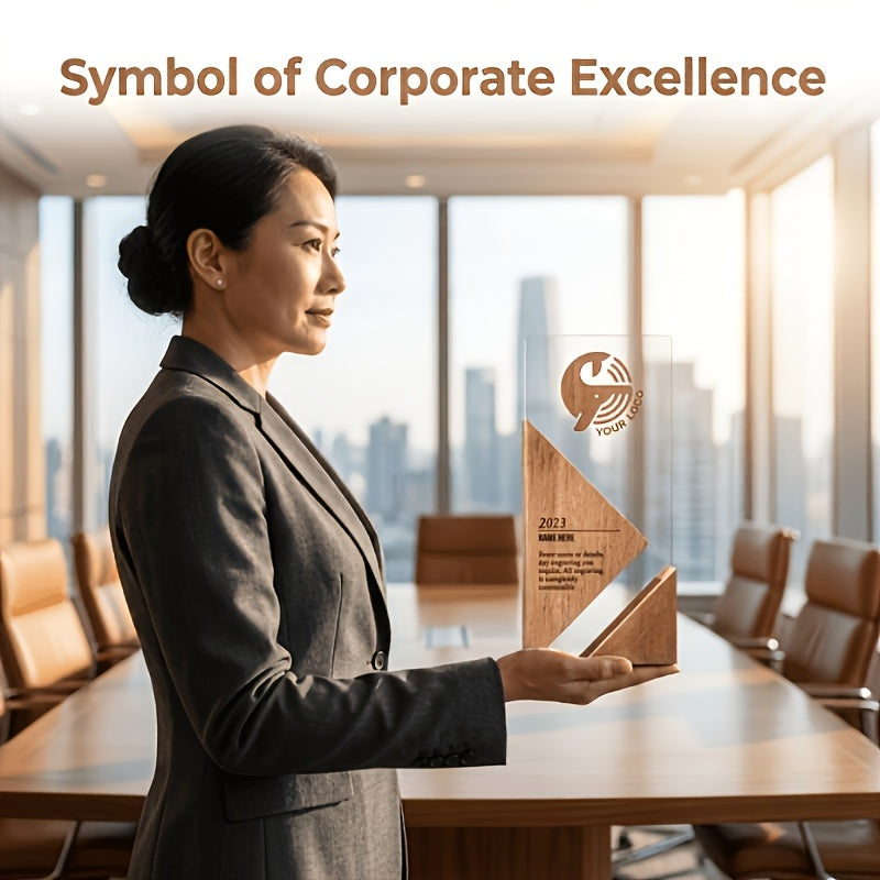Custom Acrylic Trophy with Trendy Wooden Base - Award with Logo And Text, | Promotional Corporate – image 4
