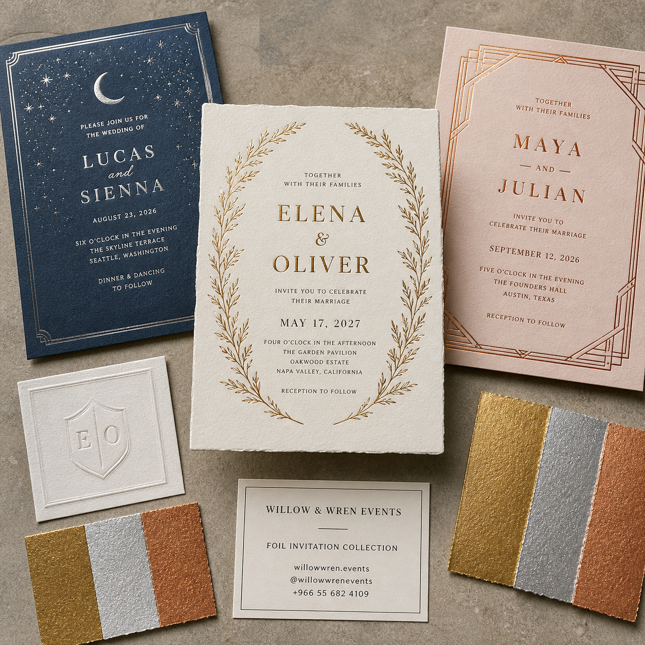 Willow & Wren Events gold silver and copper foil invitation collection