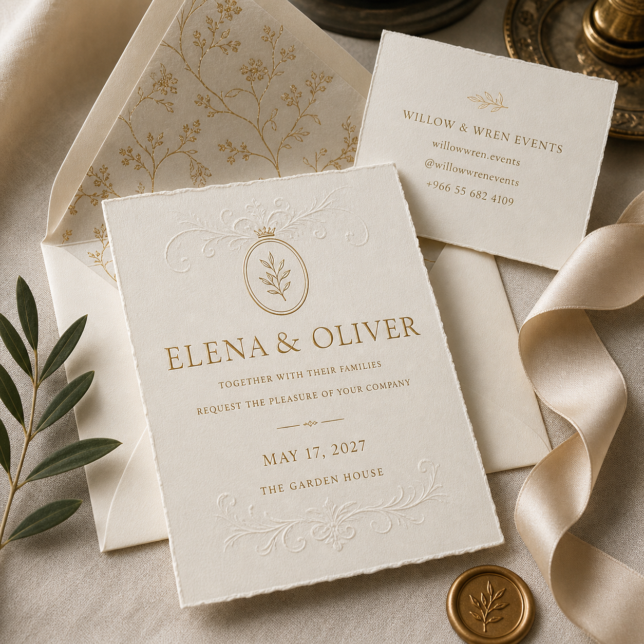 Willow & Wren Events luxury gold foil invitation suite