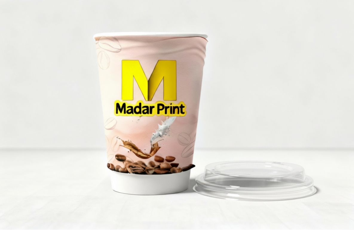 أكواب ورقية 12 أونصة مع أو بدون أغطية الأغطية أسود أبيض شفاف، طباعة بتصميم العميل