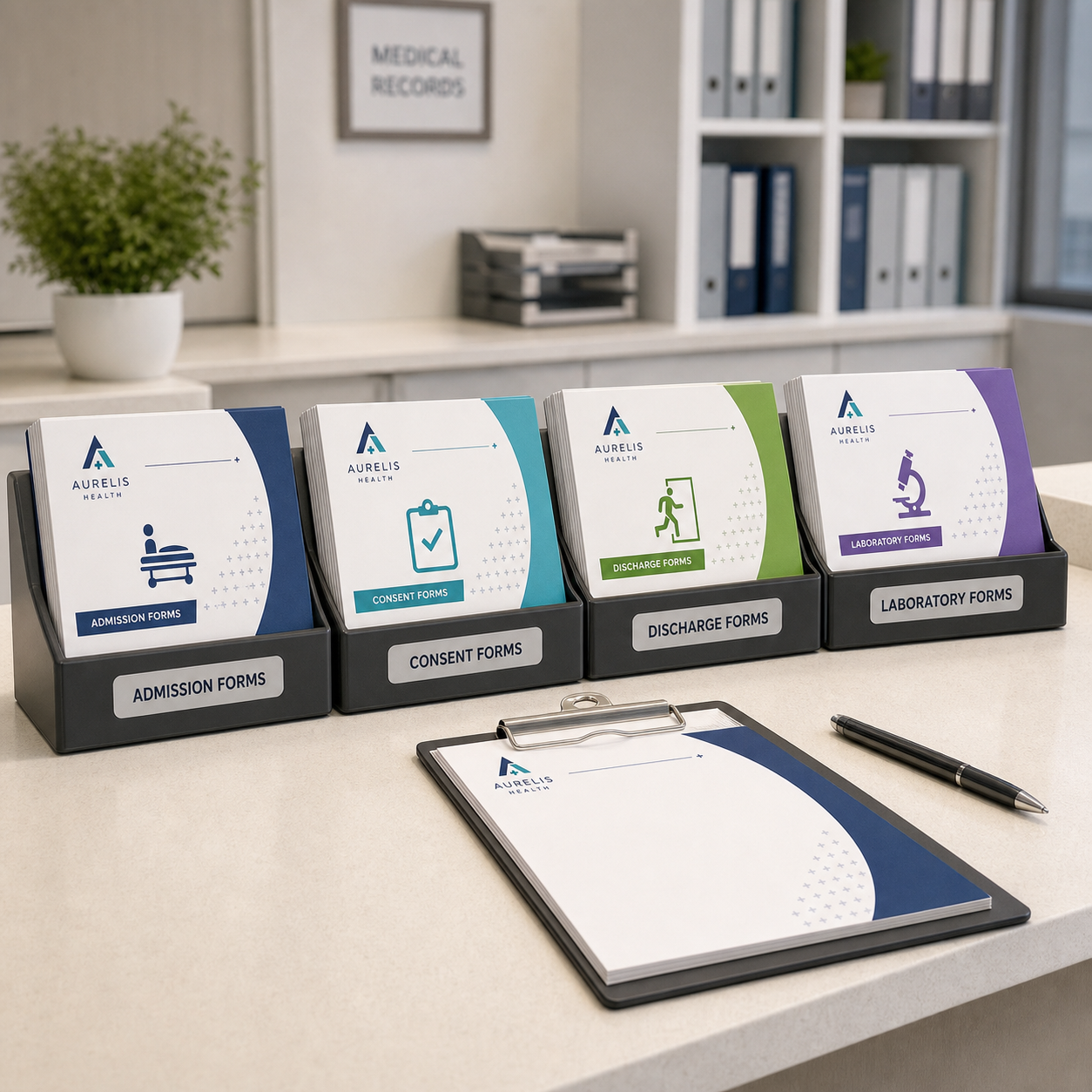 Color-coded hospital medical form pads organized at a records workstation with a blank form on a clipboard