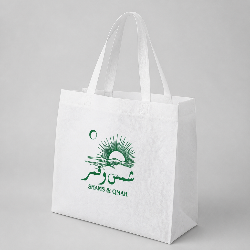 Large white printed polyester bag shown from a side angle