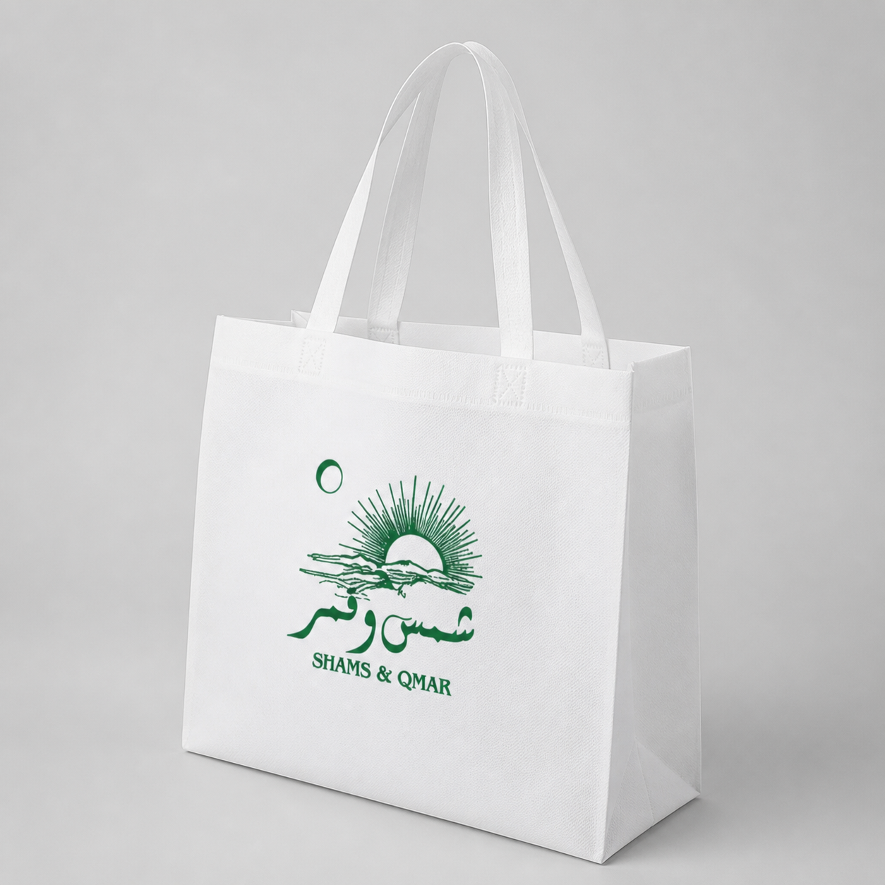 Large white printed polyester bag shown from a side angle