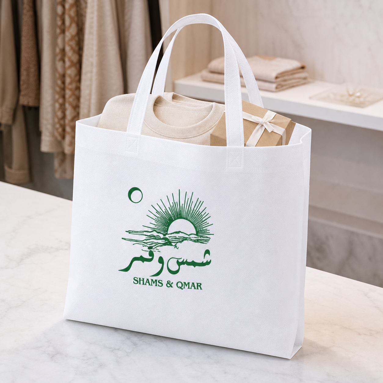Large white printed polyester bag filled with retail items