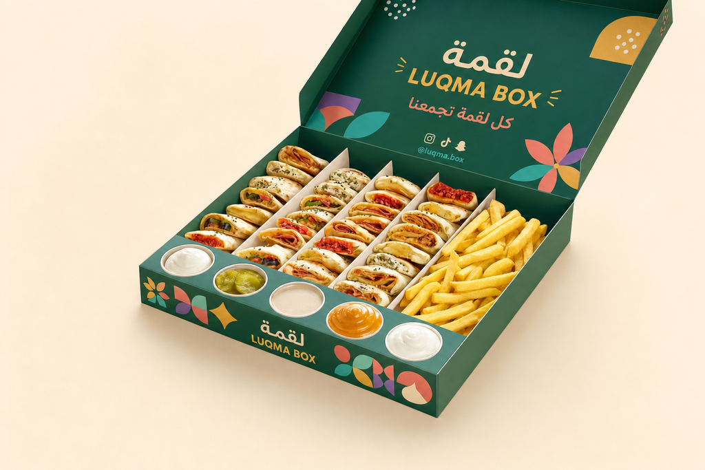 Custom printed party platter box with mini sandwiches, fries and five sauce cups in LUQMA BOX mockup design