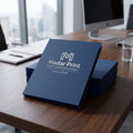 Photorealistic image of luxury finish presentation folders من مدار برنت on a مكتب خشبي in a احترافي office setting.