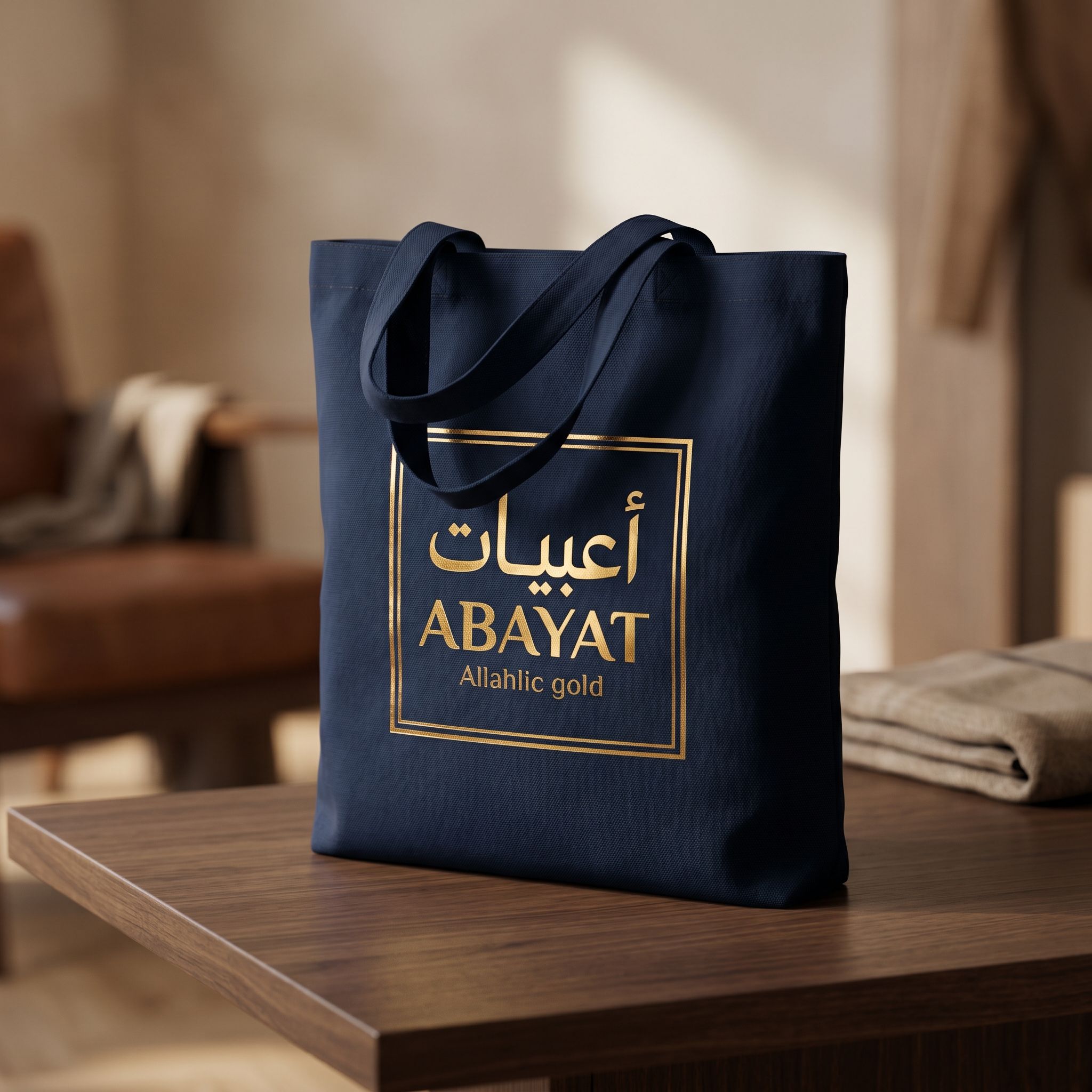 لقطة مقرّبة لـ luxury فويل printed مخصص tote كيس تُبرز reflective فويل details و textured material on dark wooden سطح.