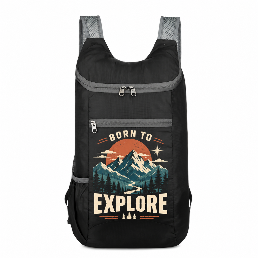 Black custom backpack with BORN TO EXPLORE mountain design