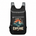 Black custom backpack with BORN TO EXPLORE mountain design