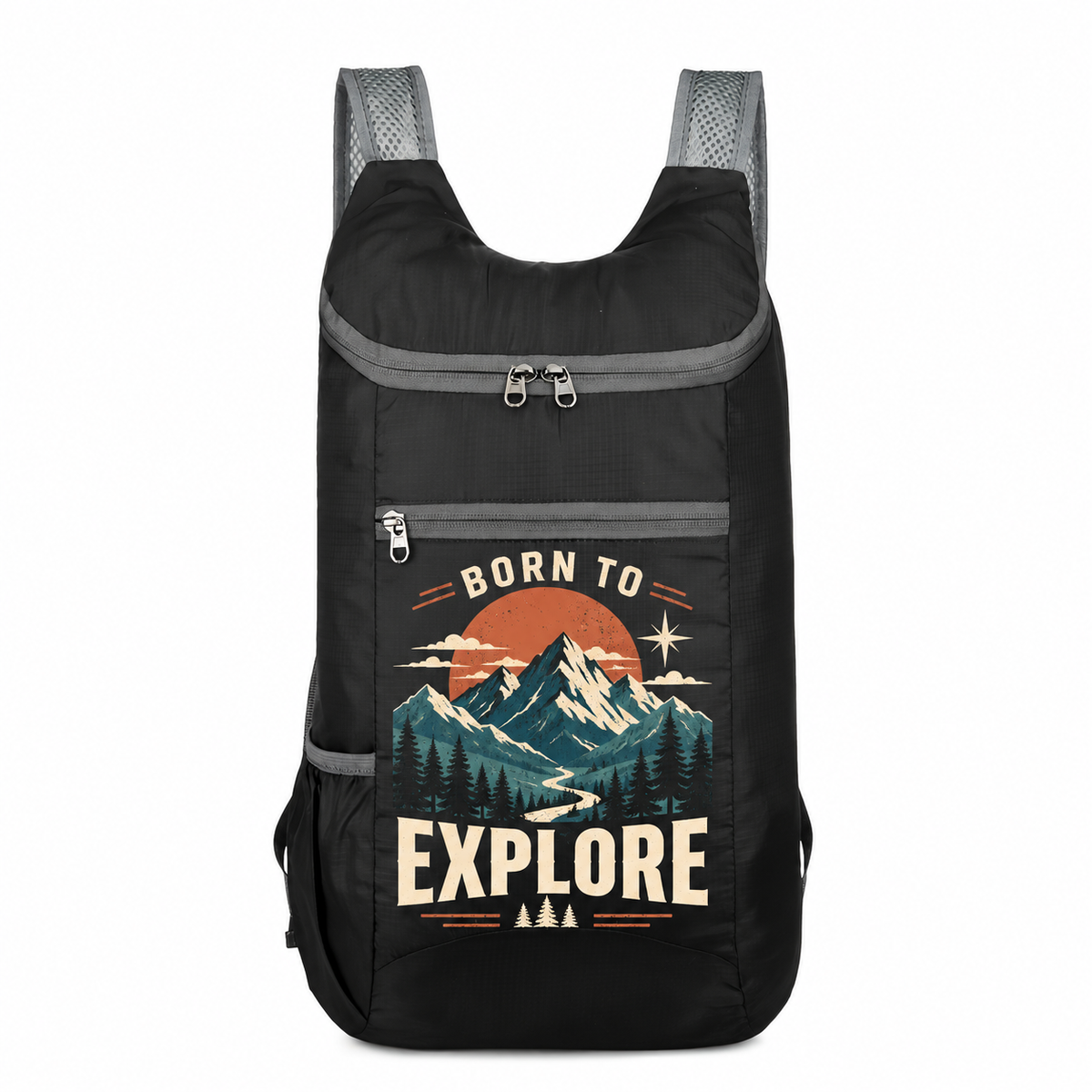 Black custom backpack with BORN TO EXPLORE mountain design