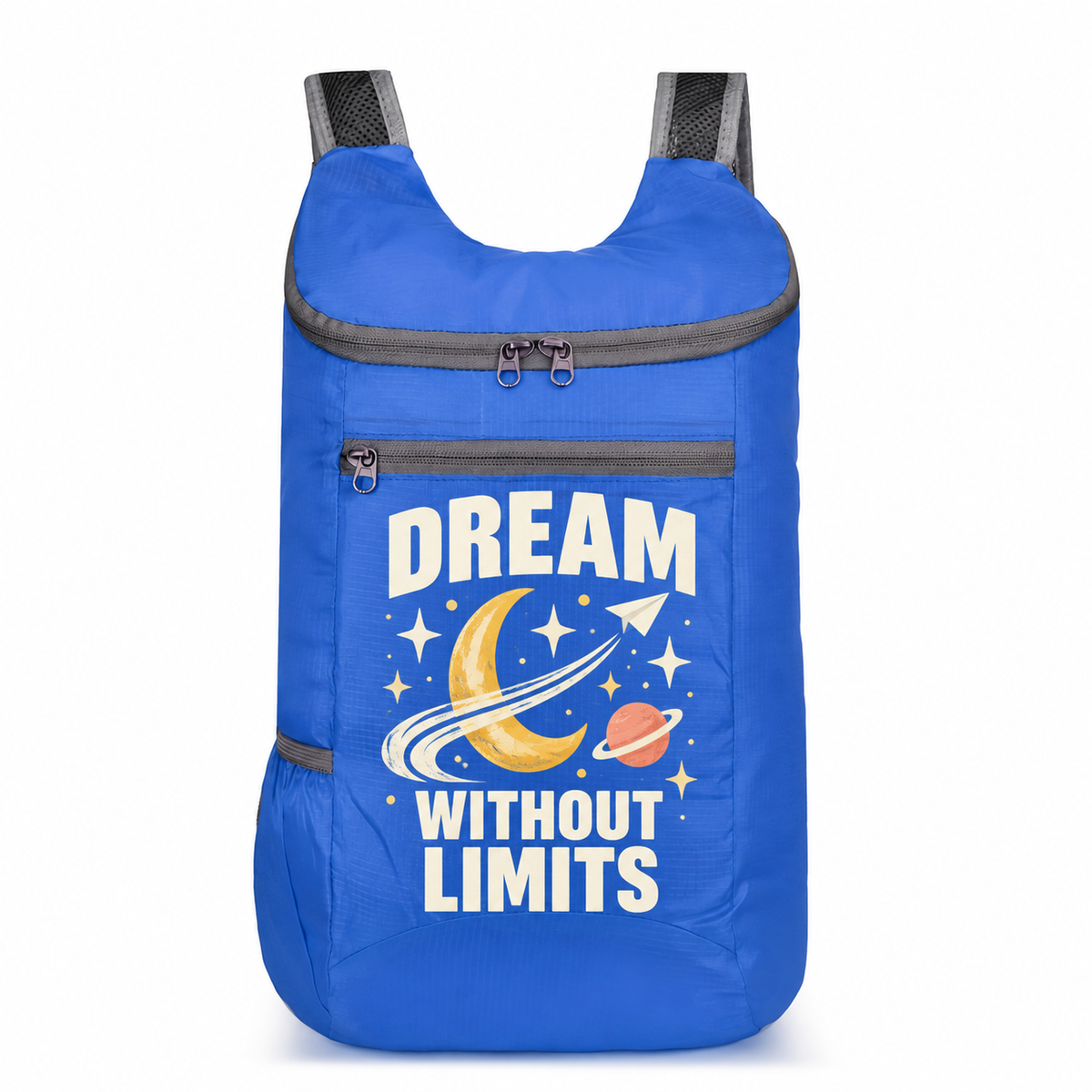 Blue custom backpack with DREAM WITHOUT LIMITS cosmic design