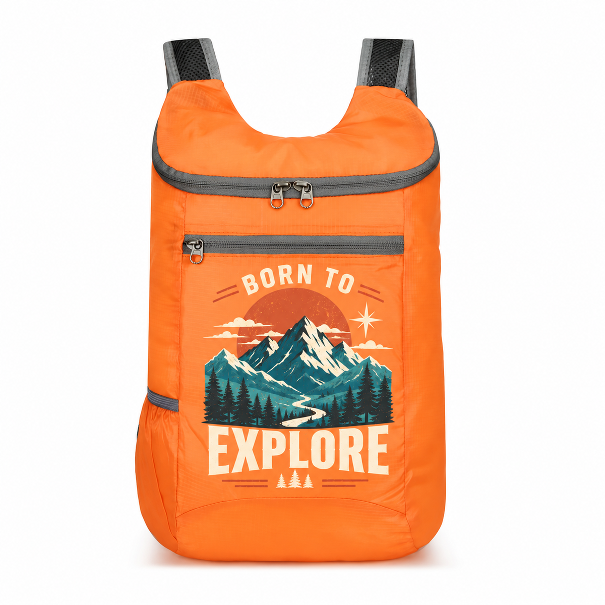 Orange custom backpack with BORN TO EXPLORE mountain design